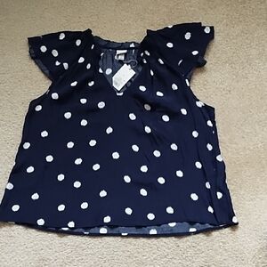 A New Day Blouse Women's 20W 2X Plus Size Cap Sleeve Travel Navy Blue White Dots
